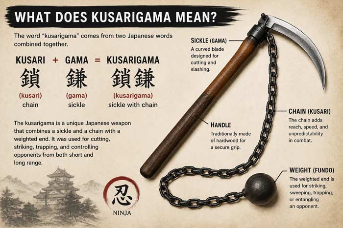 Infographic explaining the parts of a traditional Japanese kusarigama weapon including the chain, sickle blade, and weighted end