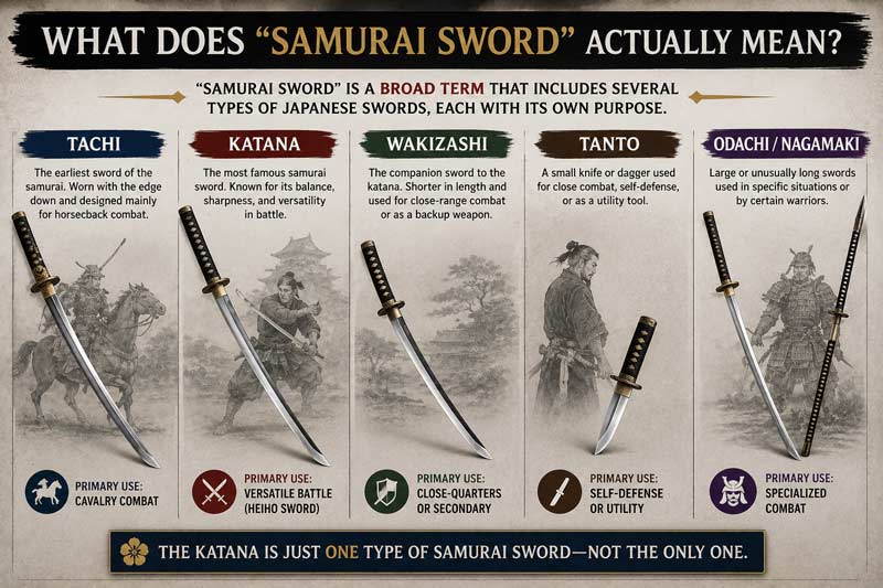 Infographic explaining the meaning of samurai swords and showing different Japanese sword types including katana, tachi, wakizashi, and tanto