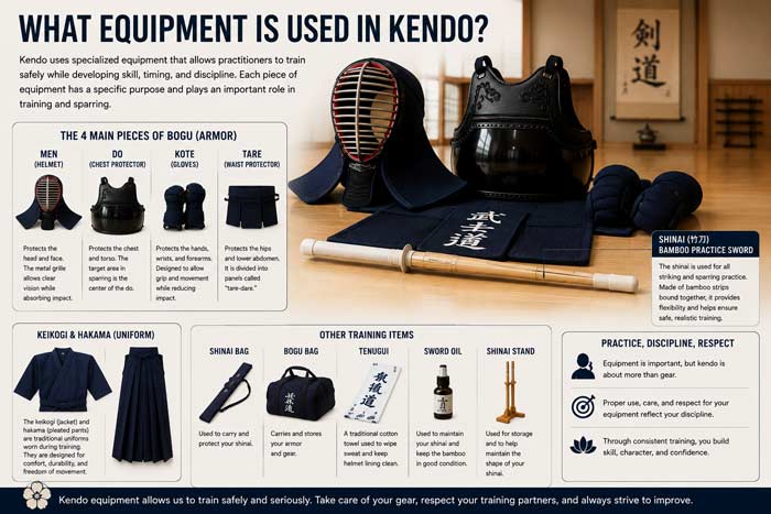 Infographic showing the equipment used in kendo, including shinai swords, protective armor, uniforms, gloves, and traditional Japanese training gear