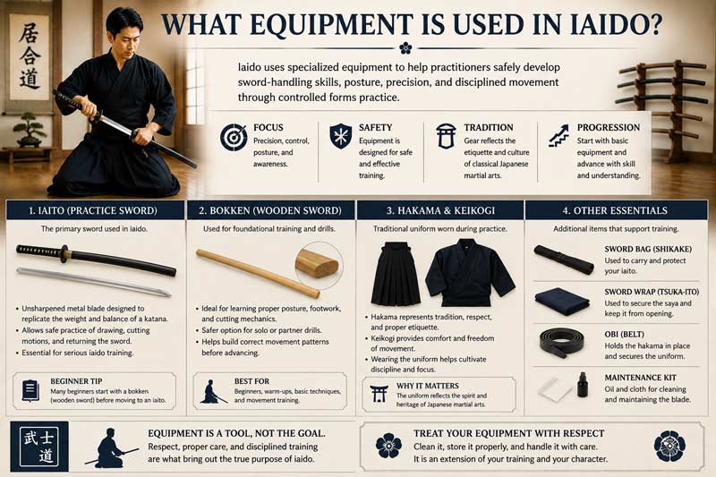 Infographic showing the equipment used in iaido training, including iaito swords, bokken, hakama uniforms, keikogi jackets, and traditional Japanese martial arts gear