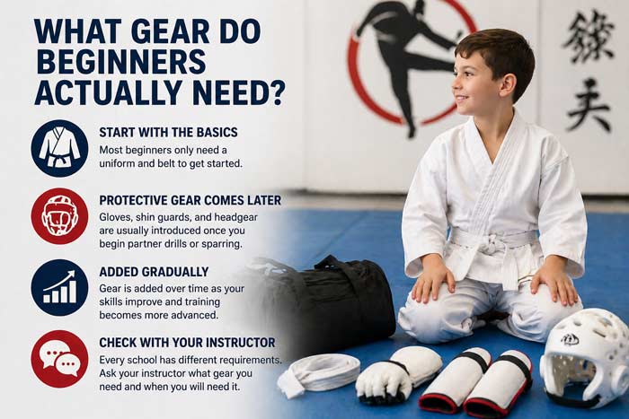 Infographic showing beginner martial arts gear including uniform, gloves, shin guards, and headgear in a dojo setting