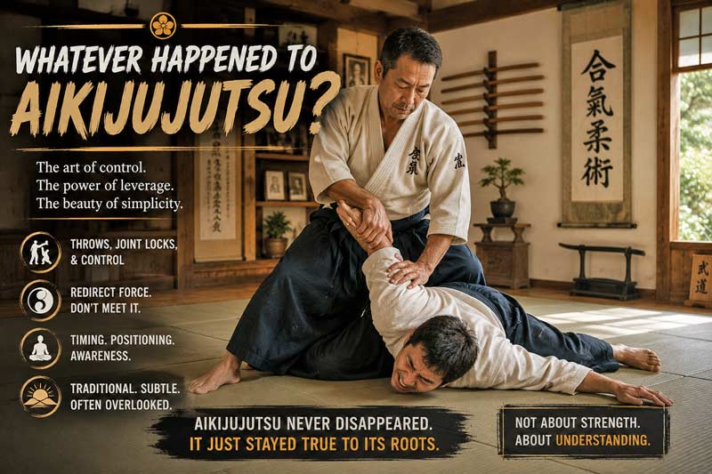 Traditional aikijujutsu practitioners demonstrating a joint lock inside a Japanese dojo, highlighting control, leverage, and disciplined training.