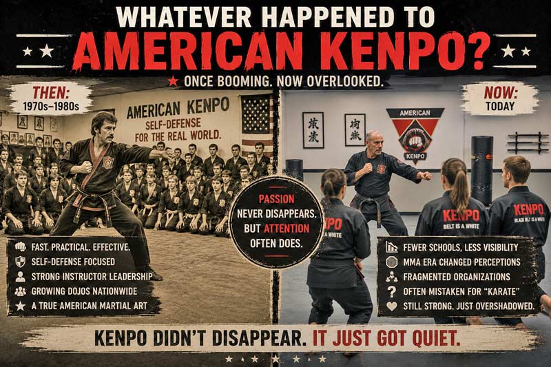 Split image showing the rise of American Kenpo during the 1970s and 1980s compared with a quieter modern dojo, highlighting how the martial art became less mainstream over time.