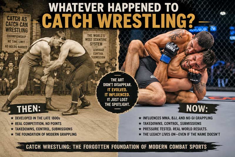 Split image comparing vintage catch wrestlers from the early 1900s with modern MMA grappling, showing how catch wrestling influenced today's combat sports.