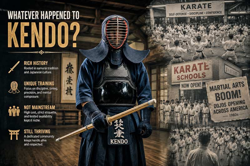 Kendo practitioner in full armor holding a bamboo sword, contrasted with the rise of mainstream karate schools in America during the 1980s.