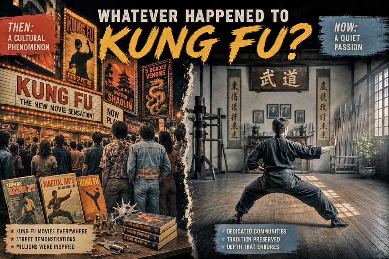 Split image showing the rise of kung fu popularity in America during the 1970s and 1980s contrasted with a quiet modern kung fu school preserving traditional training.