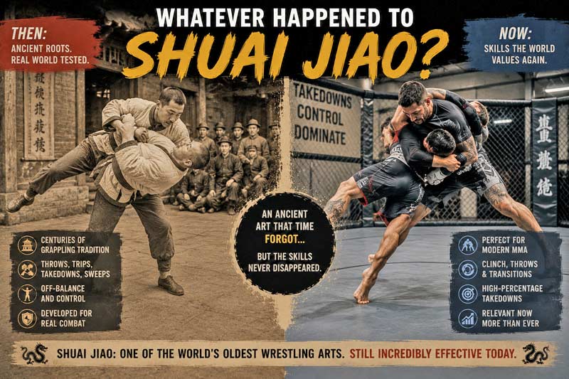 Split image comparing traditional shuai jiao wrestling with modern MMA grappling, showing how ancient takedown and throwing techniques remain relevant today.