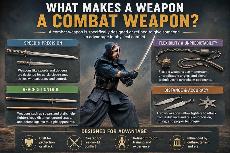 Infographic showing what makes a combat weapon, including swords, staffs, chain weapons, and throwing weapons used in martial arts history