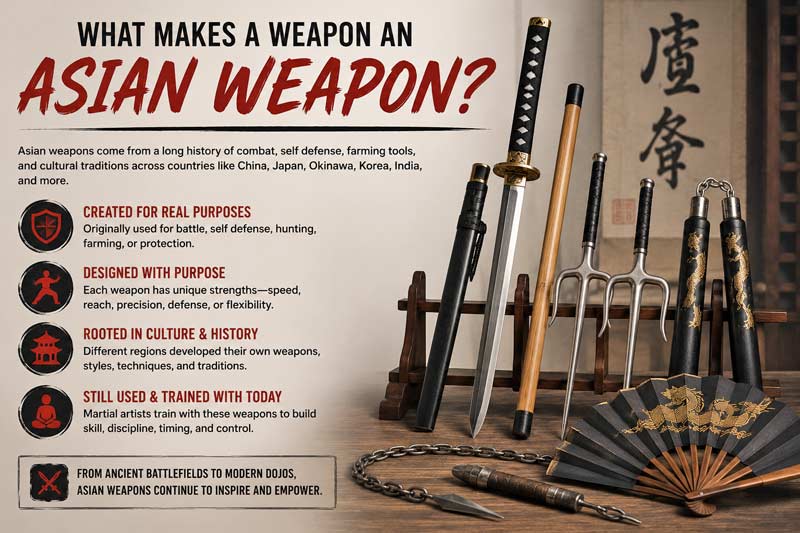 Traditional Asian martial arts weapons including katana, sai, nunchaku, and bo staff displayed in an educational infographic layout
