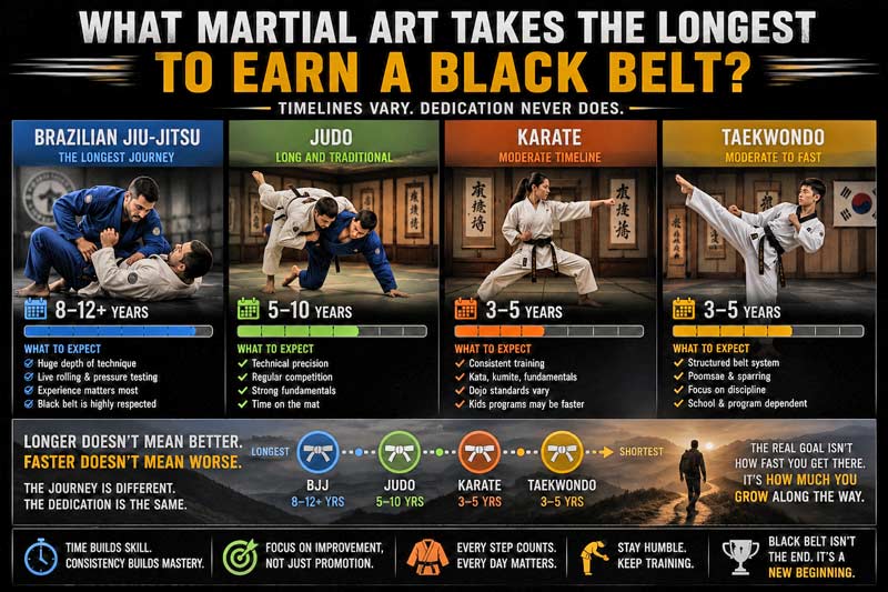 Infographic comparing black belt timelines in Brazilian jiu-jitsu, judo, karate, and taekwondo.
