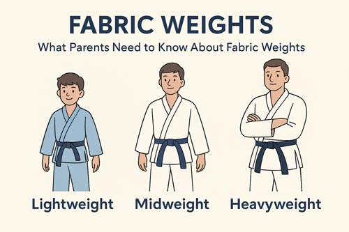 Illustrated chart showing lightweight, midweight, and heavyweight martial arts uniforms.