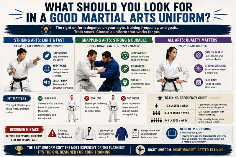 Infographic showing how to choose the right martial arts uniform based on training style, fit, durability, and experience level.