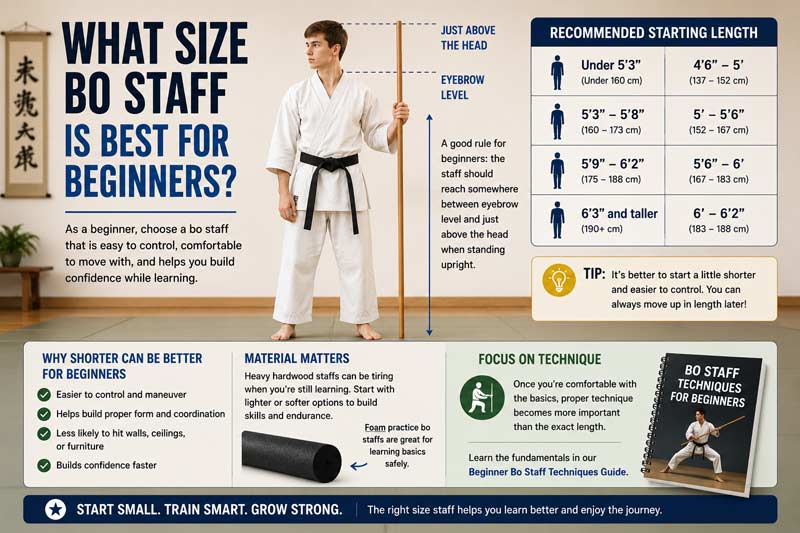 Infographic explaining what size bo staff is best for beginners, showing recommended lengths by height, beginner sizing tips, foam practice staffs, and how to choose a comfortable staff for learning techniques safely