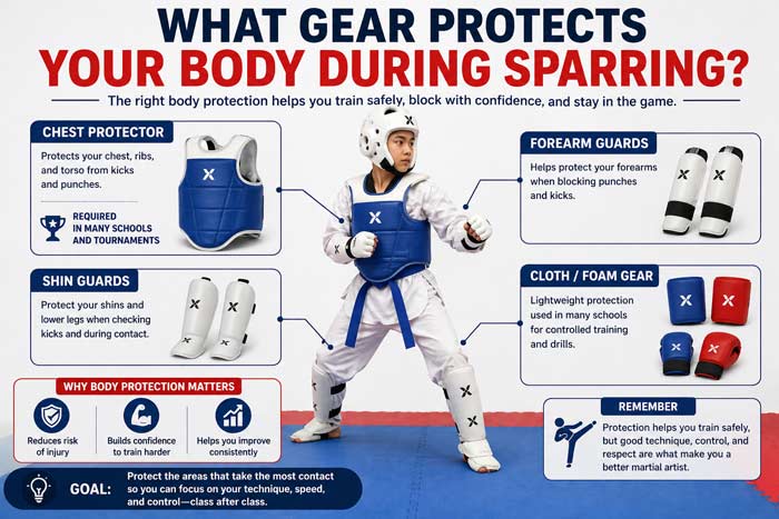 Infographic showing body protection gear including chest protector, shin guards, forearm guards, and foam sparring equipment