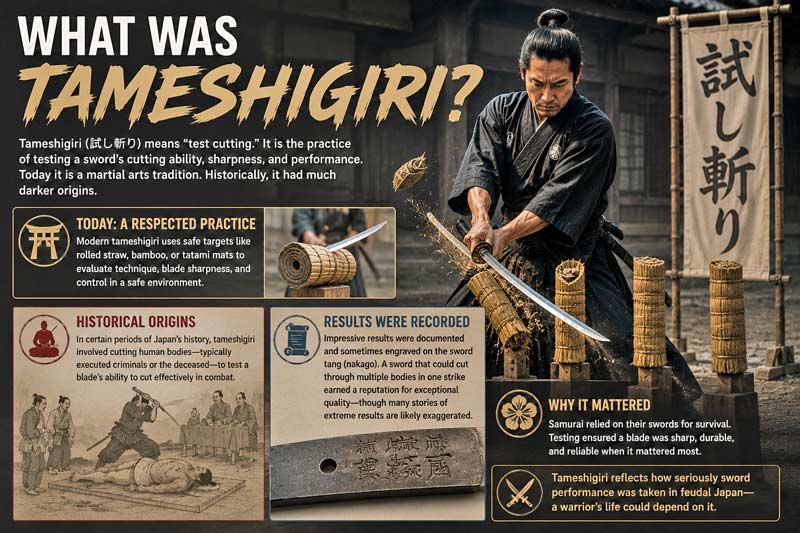 Infographic explaining the history and meaning of tameshigiri, the samurai practice of sword test cutting.