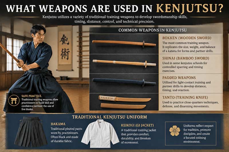 Infographic showing the weapons and uniforms used in kenjutsu training, including bokken, shinai, padded practice weapons, hakama, and traditional Japanese martial arts attire