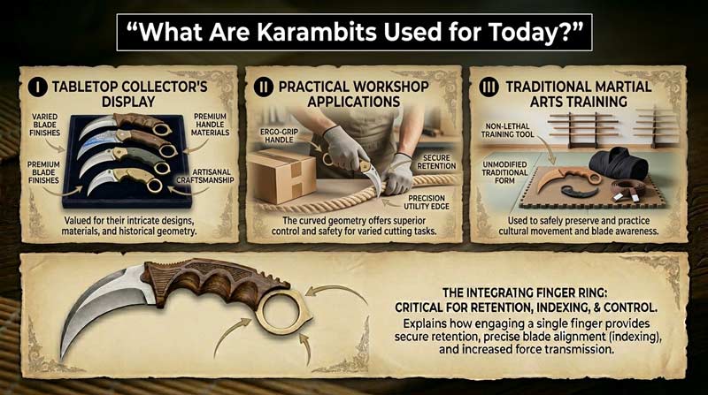 Modern uses of karambits including collecting, utility cutting, and martial arts training displays