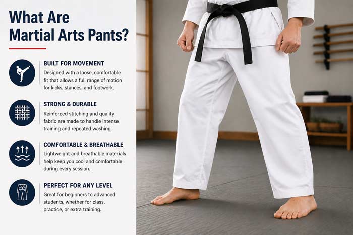 Martial arts pants worn in a dojo setting showing flexible fit, durability, and full range of motion for training