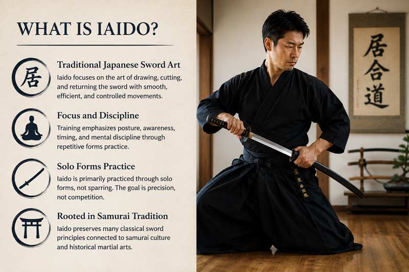Infographic explaining iaido, featuring a traditional Japanese dojo, solo sword-drawing practice, samurai-inspired training, and classical martial arts concepts