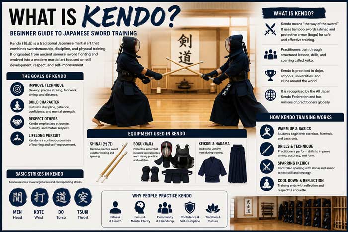 Infographic explaining Kendo, the art of Japanese Sword Training