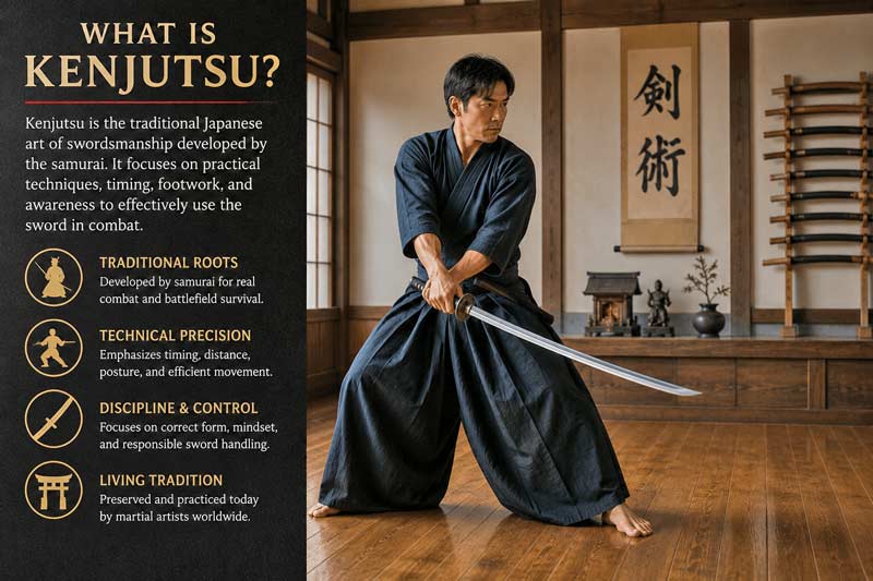 Infographic explaining kenjutsu, featuring a traditional Japanese dojo, samurai swordsmanship concepts, and a martial artist practicing classical sword techniques