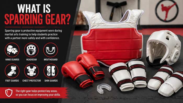 Martial arts sparring gear including gloves, headgear, chest protector, and shin guards displayed with labeled infographic elements