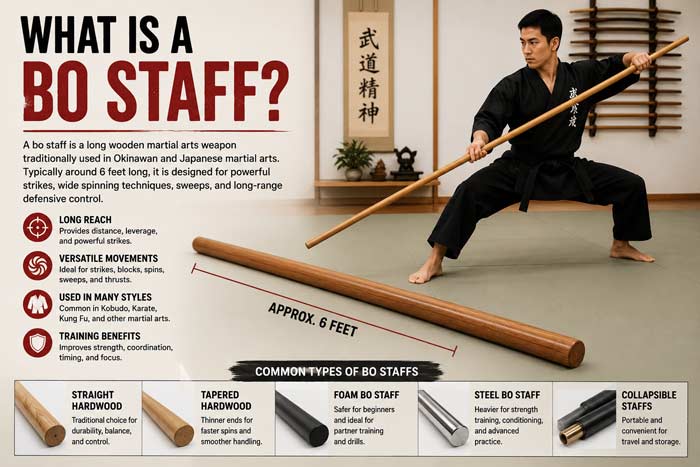 Infographic explaining what a bo staff is, including martial arts uses, staff types, and traditional bo staff training techniques