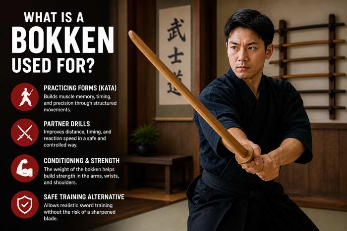 Martial artist practicing with a wooden bokken in a dojo with training uses explained on screen
