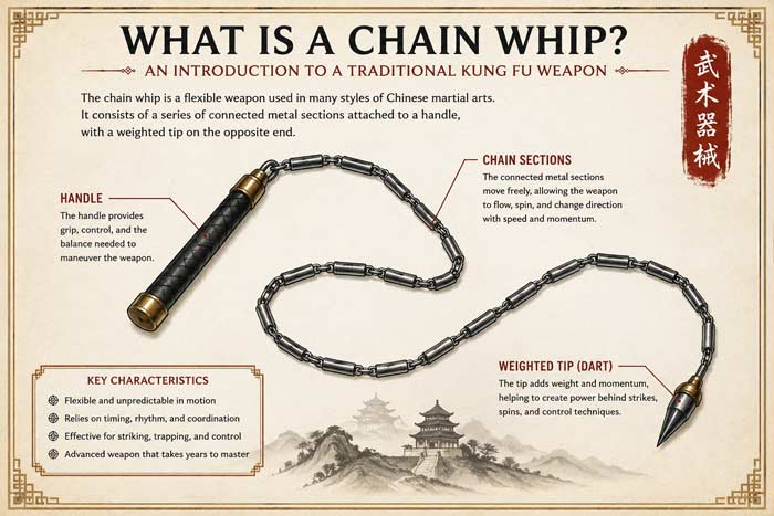 Infographic explaining the parts of a traditional Chinese chain whip including the handle, chain sections, and weighted tip on a parchment background