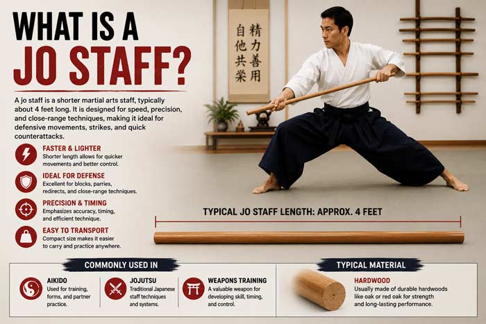 Infographic explaining what a jo staff is, including jo staff length, martial arts uses, and traditional Japanese staff training techniques