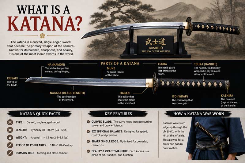 Infographic explaining what a katana is, featuring a labeled Japanese sword diagram and traditional katana design details
