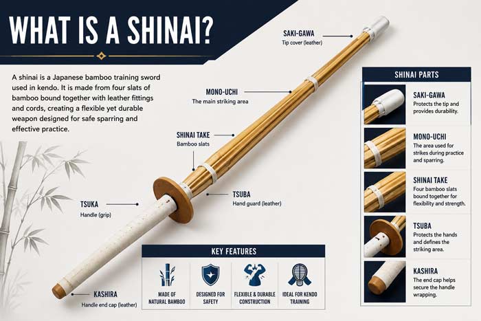 Infographic explaining the parts of a shinai bamboo training sword used in kendo, featuring labeled components and traditional Japanese practice equipment