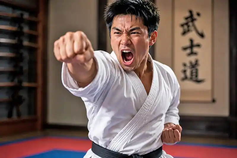 Martial artist performing a powerful kiai during a straight punch in a dojo