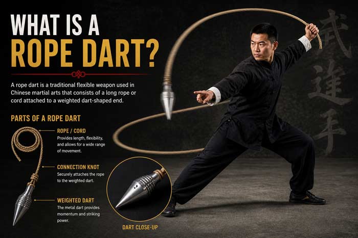 Infographic explaining the parts of a traditional rope dart weapon, featuring a martial artist demonstration and labeled rope, knot, and weighted dart components