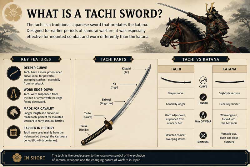 Infographic explaining what a tachi sword is, showing its deeper curve, edge-down carrying style, mounted samurai use, and differences from the katana in Japanese sword history