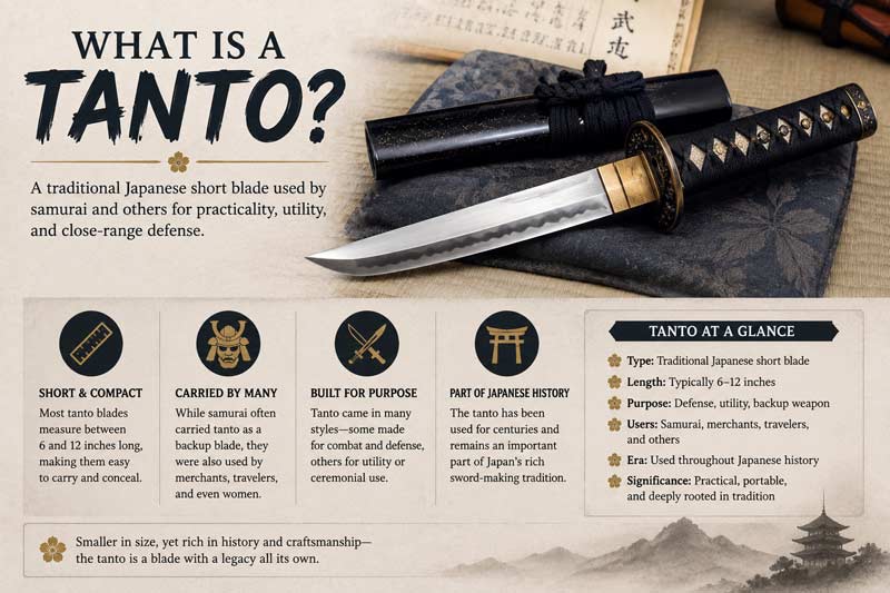 Infographic explaining what a tanto is, showing traditional Japanese short blade size, historical uses, craftsmanship, and its role in samurai culture