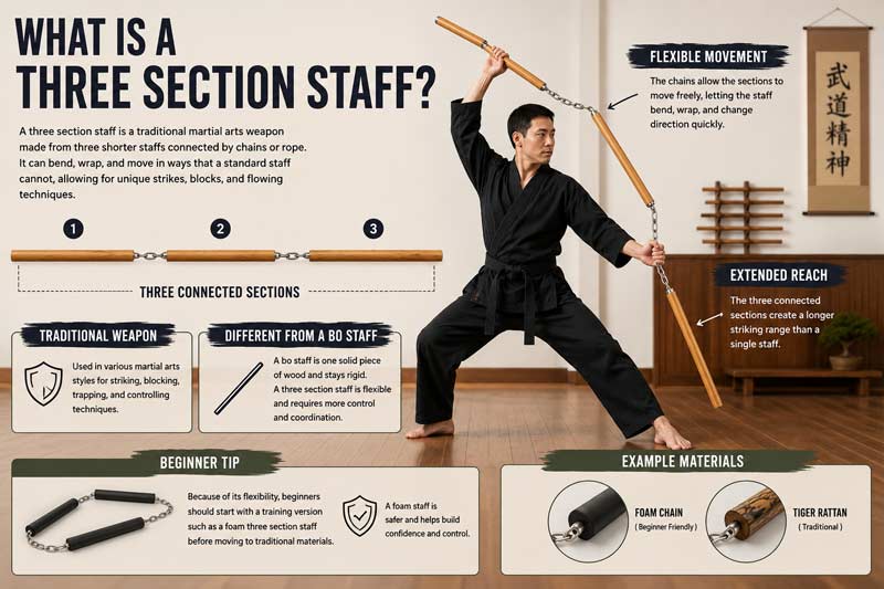 Infographic explaining what a three section staff is, showing its three connected sections, flexible movement, beginner training options, and how this traditional martial arts weapon differs from a standard bo staff
