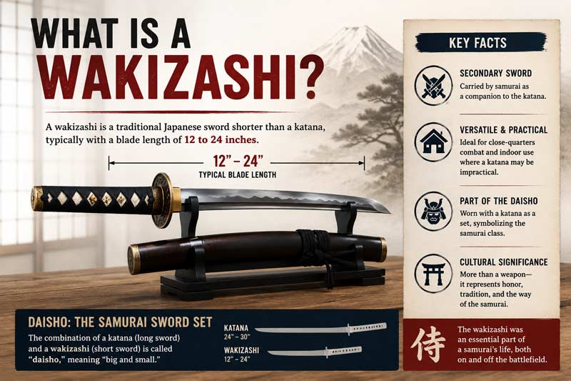 Infographic explaining what a wakizashi sword is, showing blade length, samurai use, daisho sword pairing, and key differences from a katana