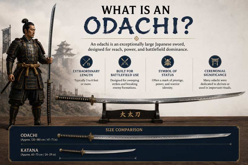 Infographic explaining what an odachi sword is, showing its massive size compared to a katana, battlefield role, ceremonial significance, and why giant samurai swords stood out in Japanese history