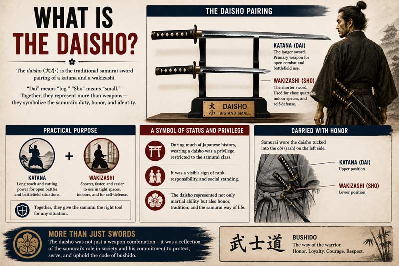 Infographic explaining the samurai daisho sword pairing, showing how the katana and wakizashi were carried together and their practical and symbolic roles in samurai culture