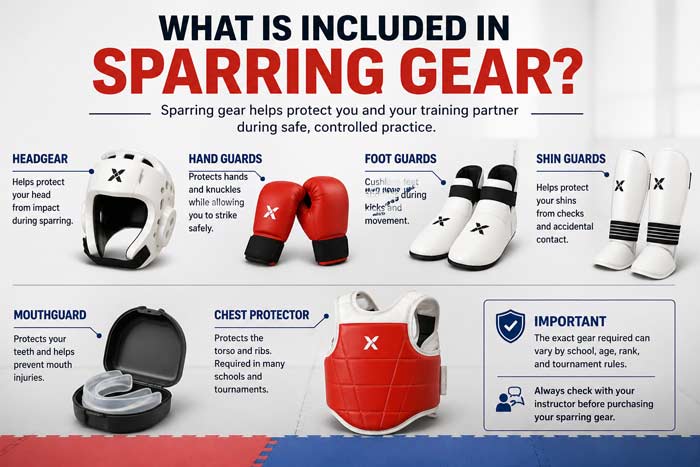 Infographic showing sparring gear including headgear, gloves, foot guards, shin guards, mouthguard, and chest protector