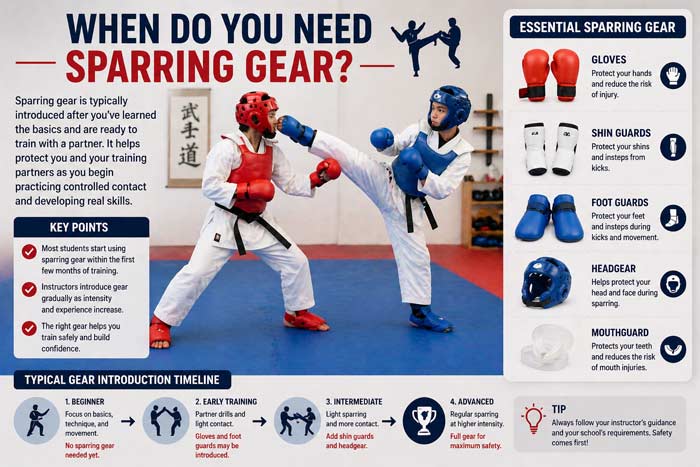 Infographic showing when to use sparring gear with gloves, shin guards, headgear, and a beginner training timeline