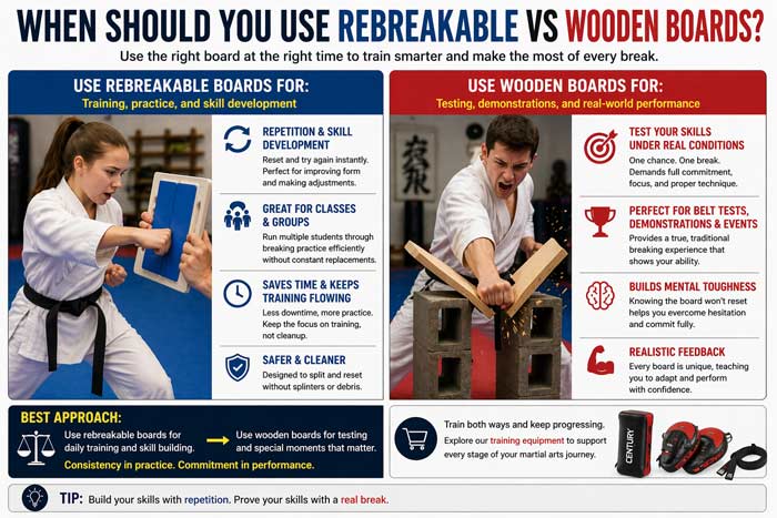 When to use rebreakable vs wooden boards for training and testing