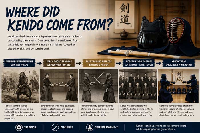 Infographic timeline showing the history and evolution of kendo from ancient samurai swordsmanship to modern Japanese martial arts training