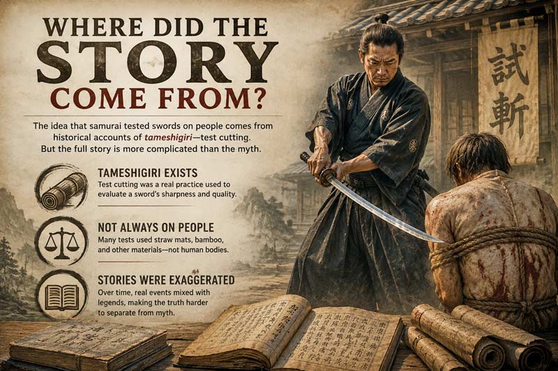 Infographic explaining where the story of samurai testing swords on people came from and the history of tameshigiri.