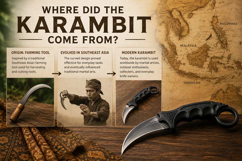 Infographic showing the history of the karambit from Southeast Asian farming tool to modern curved knife design
