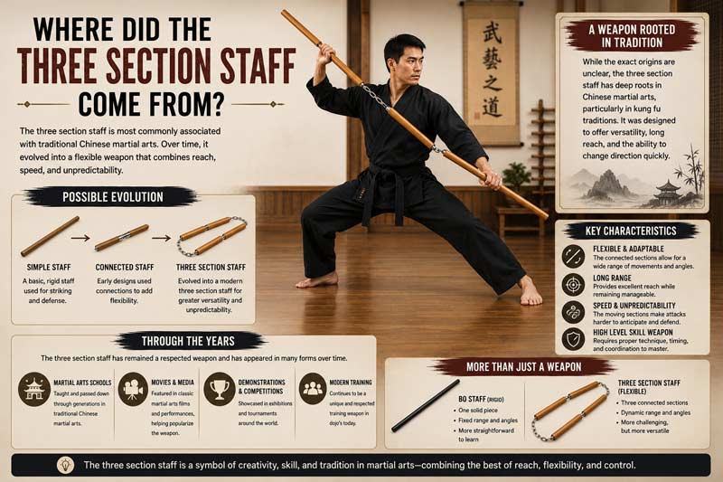 Infographic explaining where the three section staff came from, showing its Chinese martial arts origins, evolution from rigid staffs, key characteristics, and a martial artist holding the wooden sections in a realistic training stance
