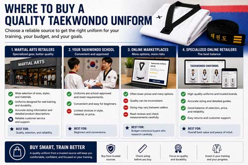 Taekwondo uniform buying guide comparing retailers, schools, and online options