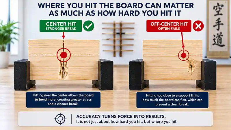 Centered versus off-center strikes on a wooden breaking board