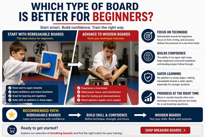 Beginner using rebreakable board with progression to wooden board training